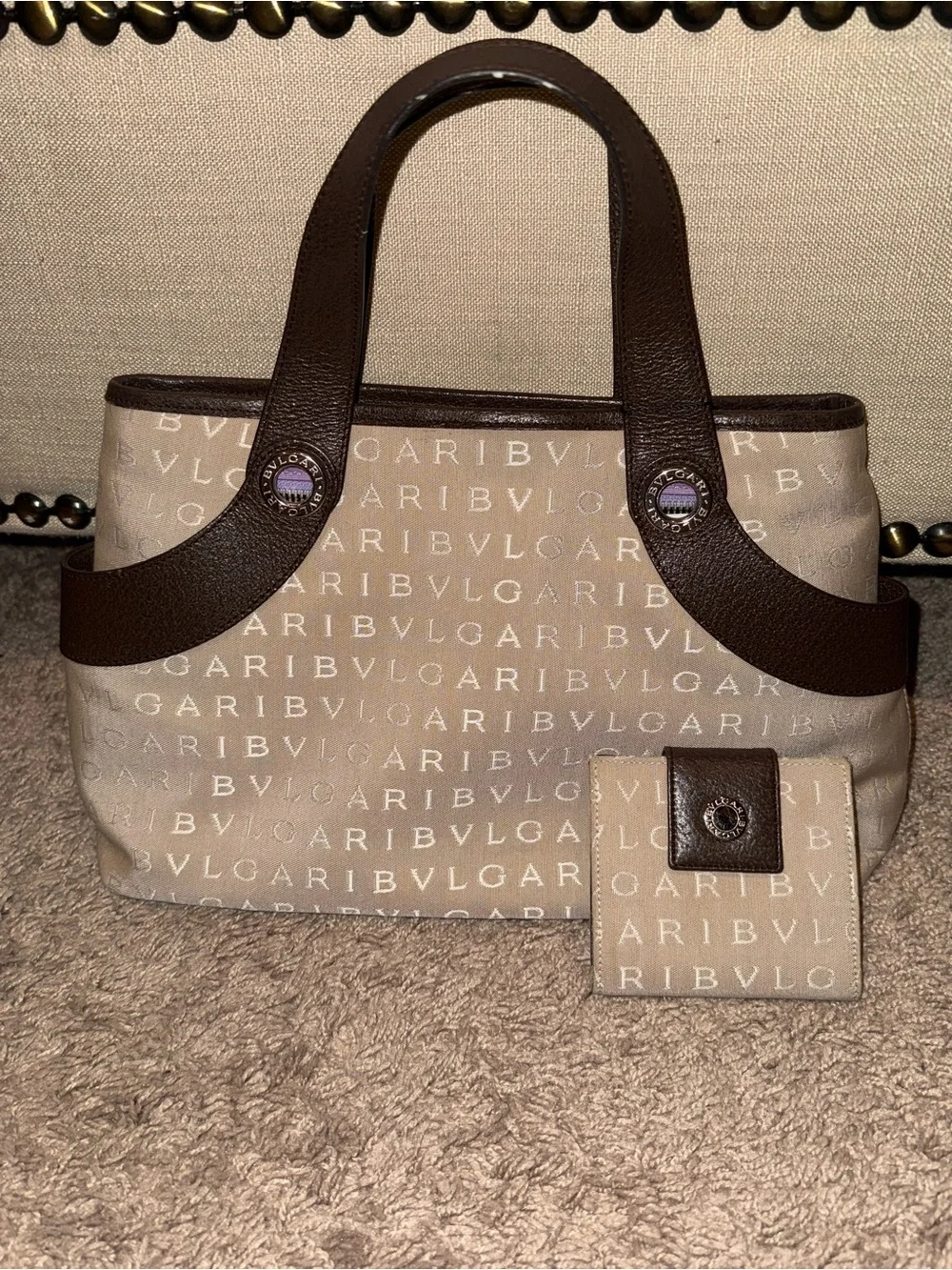 Bulgari Cream Canvas Logo Tote with Brown Leather Trim with matching wallet